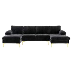 110 in. Square Arm 3-Piece Velvet U-Shaped Sectional Sofa in Black with Chaise