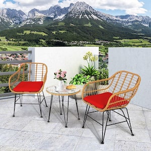 3-Piece Wicker Rattan Patio Outdoor Bistro Set Conversation Furniture Set with Red Cushions