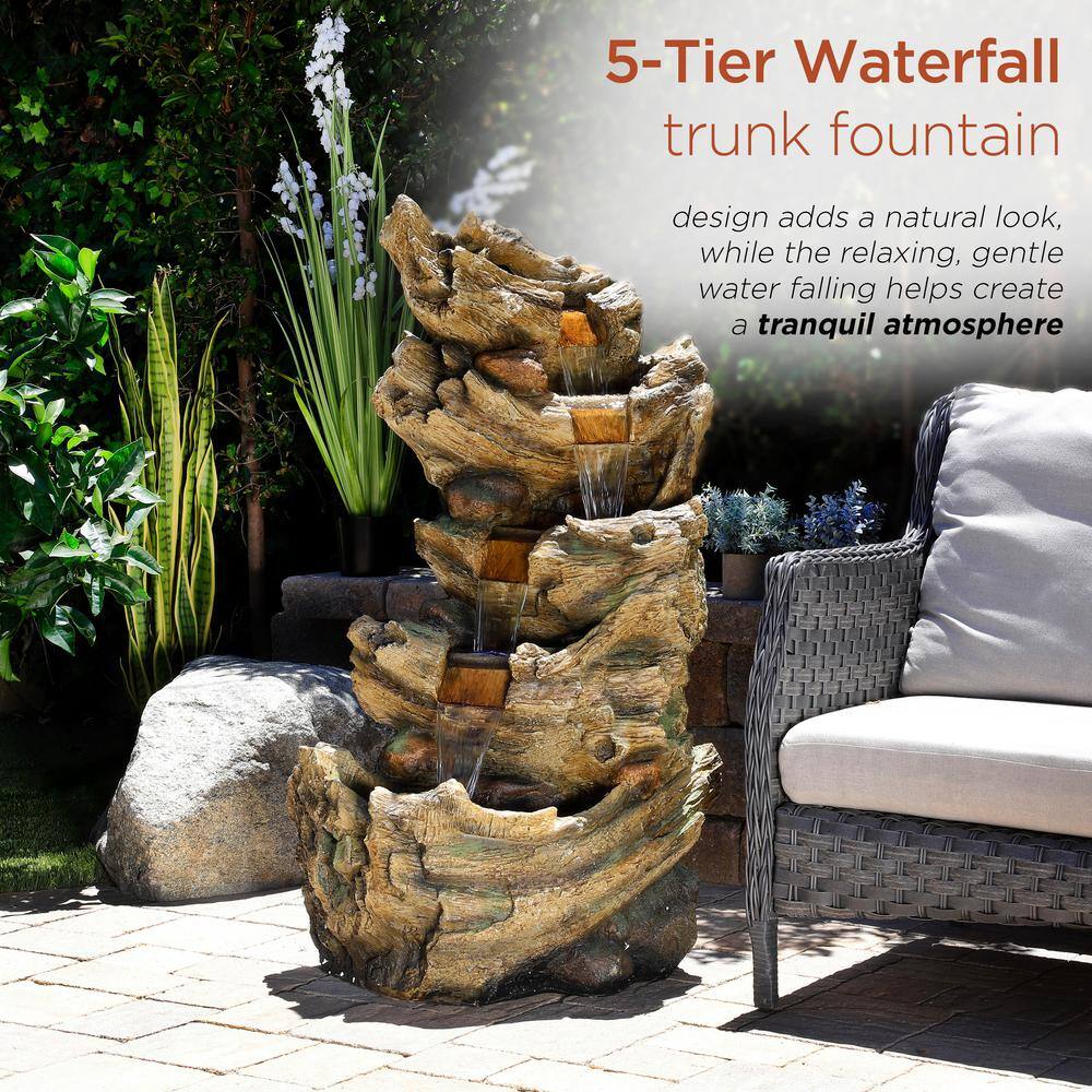 Alpine 5-Tier Waterfall Trunk Fountain with LED Lights, 47" Tall