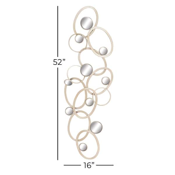 52 in. x 16 in. Metal Gold Geometric Wall Decor with Round Mirrored Accents