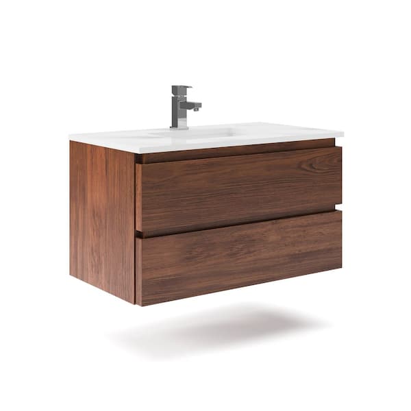 Formosa 36 in. W Modern Single Sink Wall Hung Bath Vanity in Warm Walnut with Quartz Stone Vanity Top in White