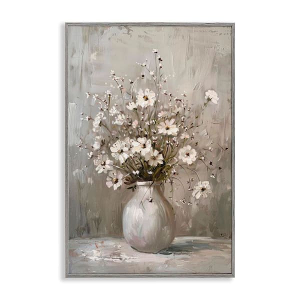 Vintage Still Life Daisies by LSR Design Studio Gray Framed Nature Giclee Art Print 30 in. x 20 in.