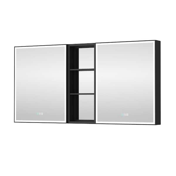 60 in. W. x 30 in. H Rectangular Black Aluminum Recessed/Surface Mount LED Medicine Cabinet with Mirror, Double Doors