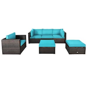 6-Piece PE Wicker Outdoor Sofa Patio Conversation Set with Turquoise Cushions