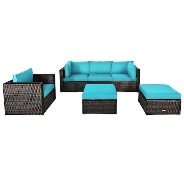 ANGELES HOME 6-Piece PE Wicker Outdoor Sofa Patio Conversation Set with Turquoise Cushions