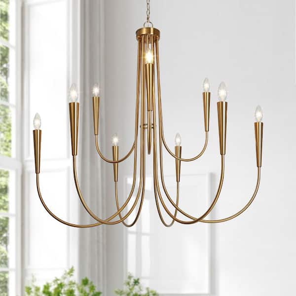 41.3 in. Classic 9-Light Plating Brass 2-Tier Candlestick Island Chandelier with Curvy Arms for Kitchens Dining Rooms