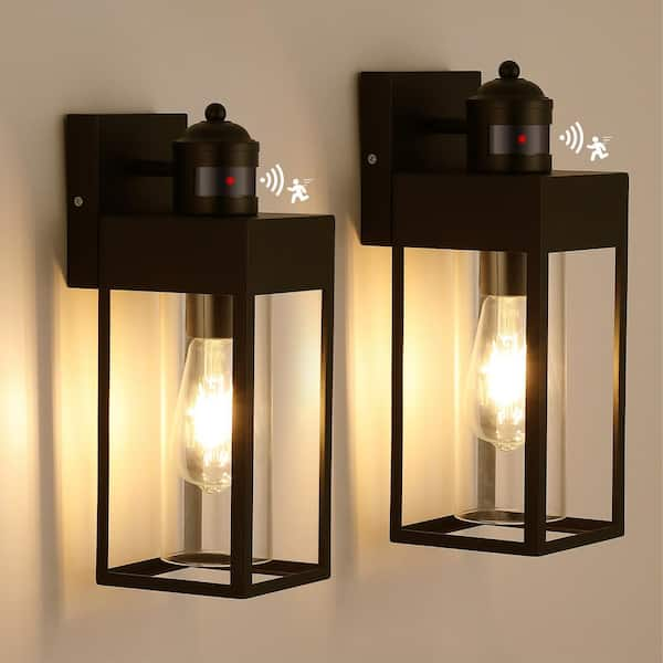 13.2 in. Black Motion Sensing Modern Porch Lights Outdoor Hardwired Wall Lantern Sconce with No Bulbs Included (2-Pack)