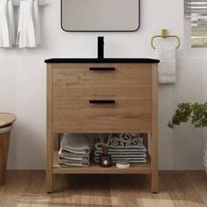 30 in. W x 18.3 in. D x 33.5 in. H Single Sink Bath Vanity in Imitative Oak with Black Ceramic Top and Two Drawers