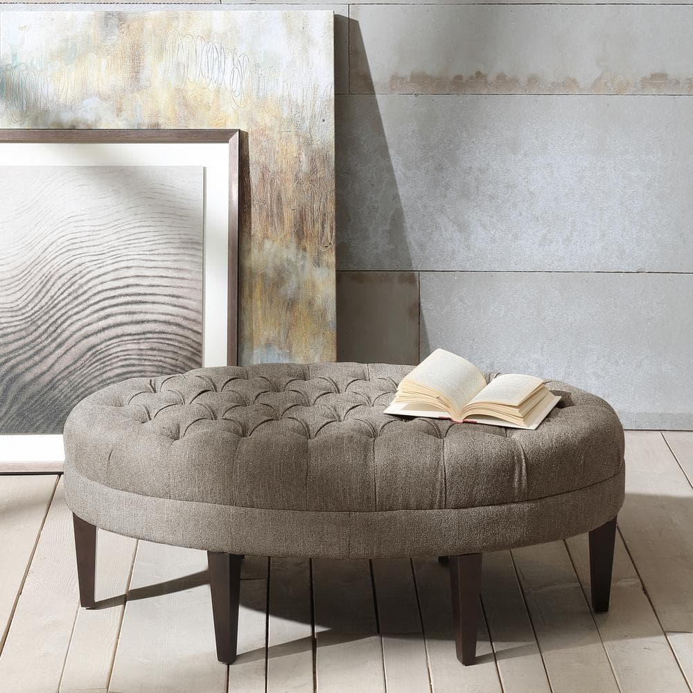 Beige Tufted Oval Ottoman with Dark Wood Legs