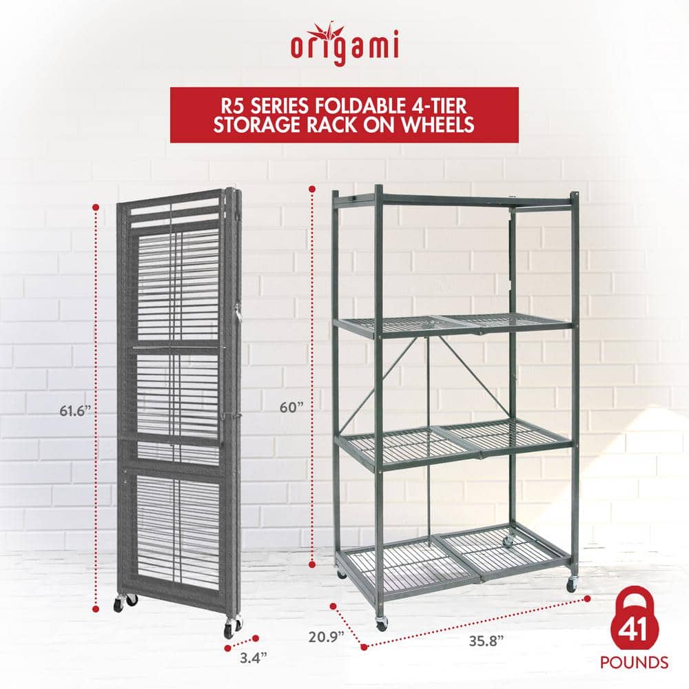 Pewter 4-Tier Foldable Wire Storage Rack with Wheels