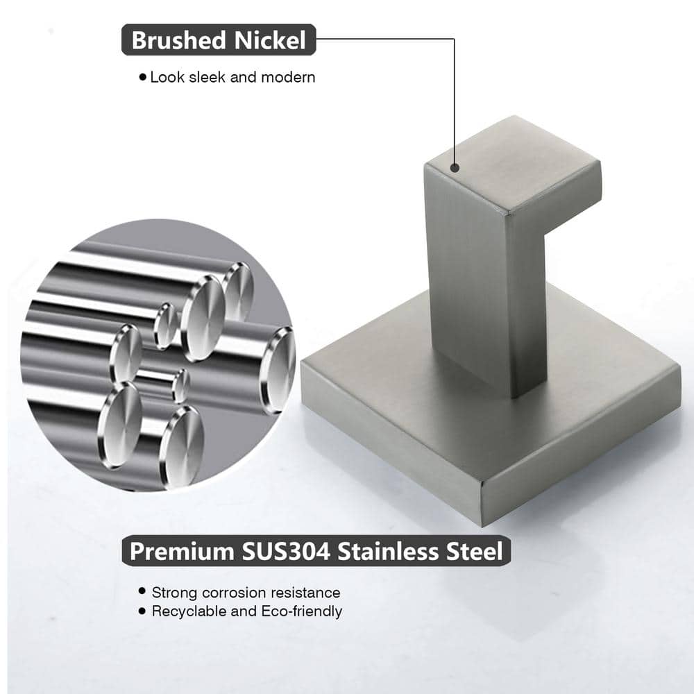 Brushed Nickel Stainless Steel Square J-Hook Towel and Robe Hooks