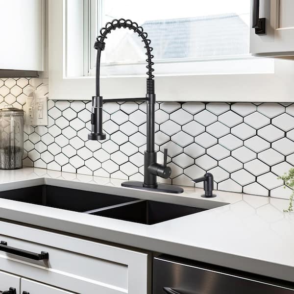Single Handle Pull-down Kitchen Faucet with Spring Neck Dual Sprayer and Soap Dispenser in Matte Black