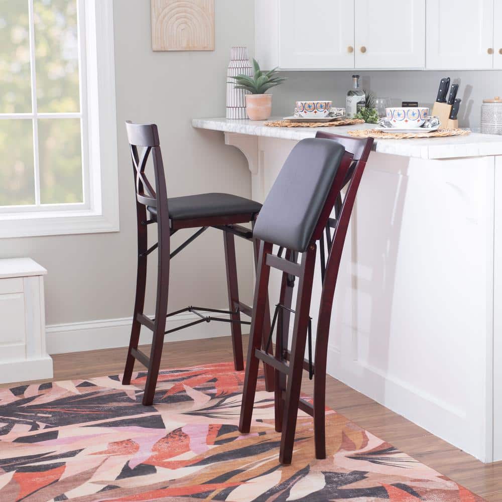 Merlot Wood and Dark Brown Faux Leather 30" Folding Barstool