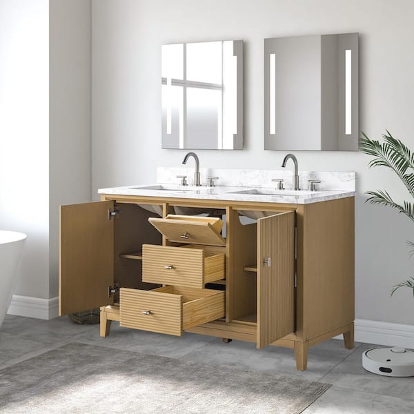 54 in. W Double Sink Freestanding Natural Oak Bath Vanity Cabinet with Arabescato White Engineered Marble Top