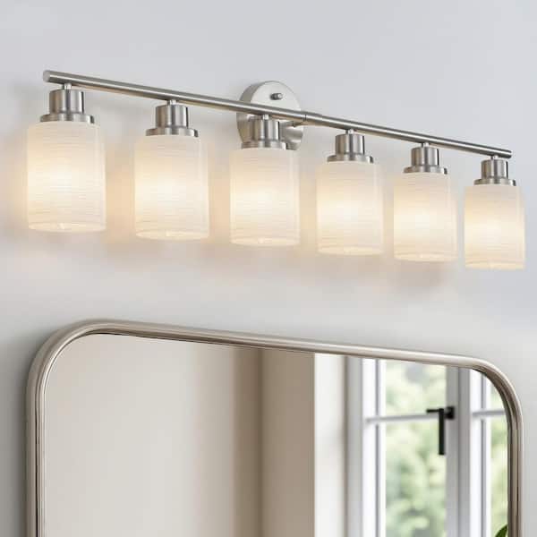 38.6 in. W 6-Light Silver Brushed Nickel LED Vanity Light Wall Lamps with White Frosted Glass Dimmmable (No Bulbs)