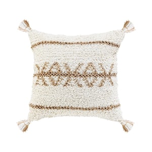 Reed White/Tan Bohemian Chic Geometric Plush Jute/Cotton Polyfill 20 in. x 20 in. Indoor Throw Pillow