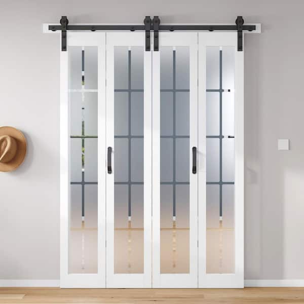 60 in. x 84 in. Full Lite Pre Assembled Frosted Glass Solid Core Wood White Finished Bi-Fold Door with Hardware