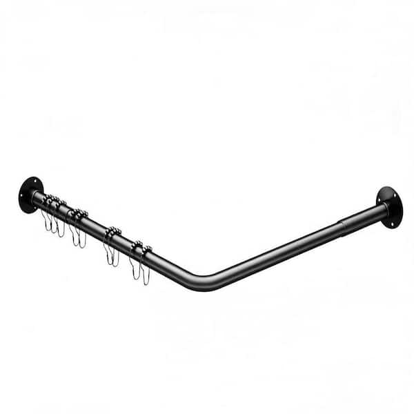 L-Shaped 23-53 in. Adjustable Corner Shower Curtain Rod with Ceiling Support and 12 Ring Hooks, No Drill in Black