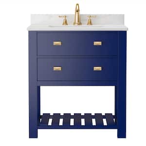 30 in. W x 19 in. D x 34 in. H Single Sink Solid Wood Bath Vanity in Navy Blue with White Marble Top