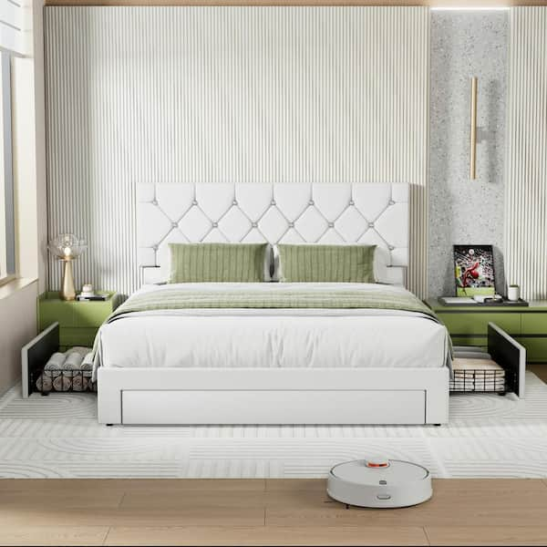 Upholstered Bed with Storage-3 Drawers, White Metal Frame Queen Platform Bed with Faux Leather Tufted Headboard