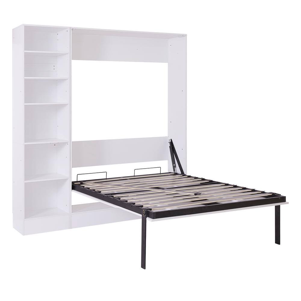 White Wood Frame Full Murphy Bed Wall Bed with Sofa and Storage Shelves - thumbnail 10
