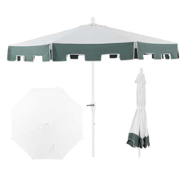 JONATHAN Y Baiona 9 ft. Classic MidCentury Market Patio Umbrella with UV Protection, Auto-Tilt, Crank and Wind Vent in White/Green