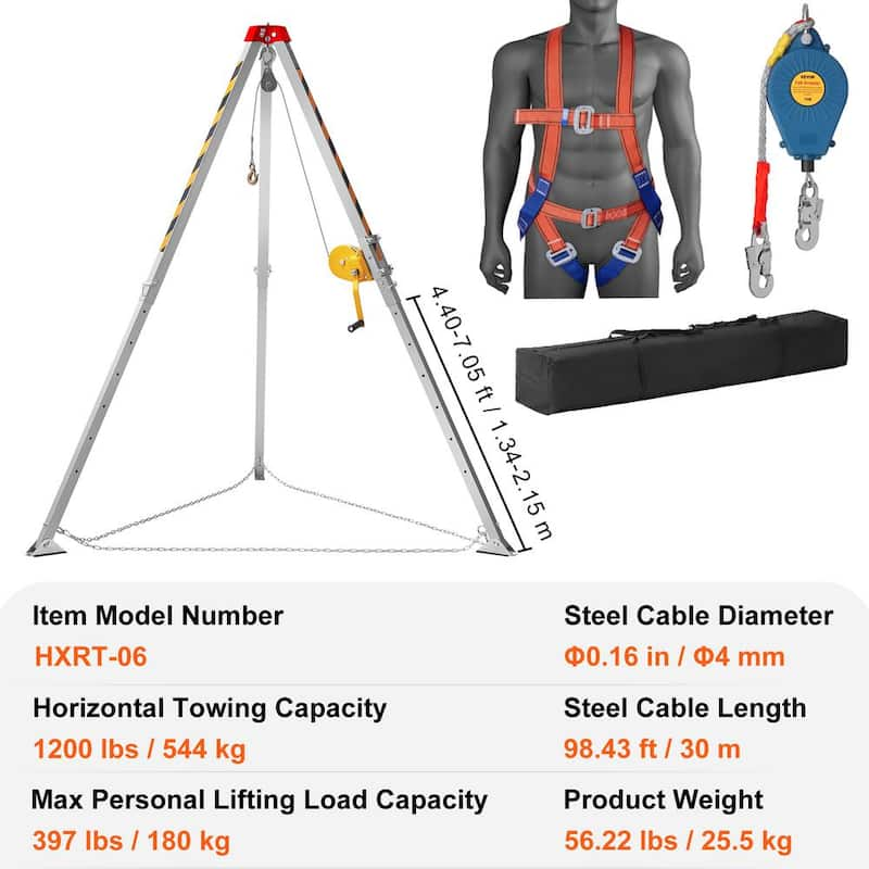 Confined Space Tripod Kit 1200 lbs. Winch Rescue Tripod w/7 ft. Leg, 98 ft. Cable, 33 ft. Fall Protection and Harness