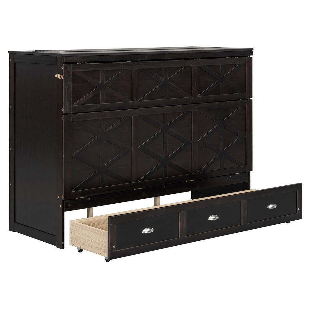 Brushed Gray Wood Frame Queen Size Murphy Bed with Large Drawers and USB - thumbnail 2