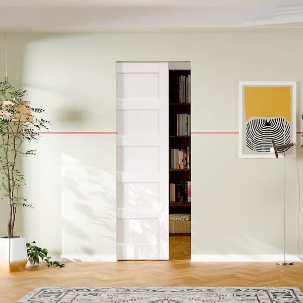 32 in. x 80 in. 5 Panel, Solid Core, DIY Painted, White Primed, MDF, Pre-Assembled Sliding Door with All Hardware