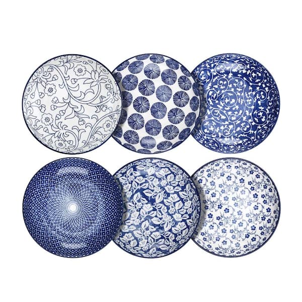 26 fl. oz. Vintage Blue Porcelain Stackable Lead-Free Salad Pasta and Soup Serving Bowl Set (Set of 6)