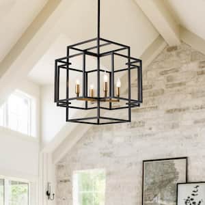 4-Light Modern Square Chandelier Lantern Pendant Lighting Fixture for Kitchen, Dining Room, Black and Brushed Gold