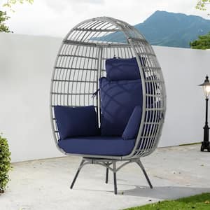 Patio Wicker Swivel Egg Chair, Oversized Indoor Outdoor Egg Chair, Gray Ratten Navy Blue Cushions