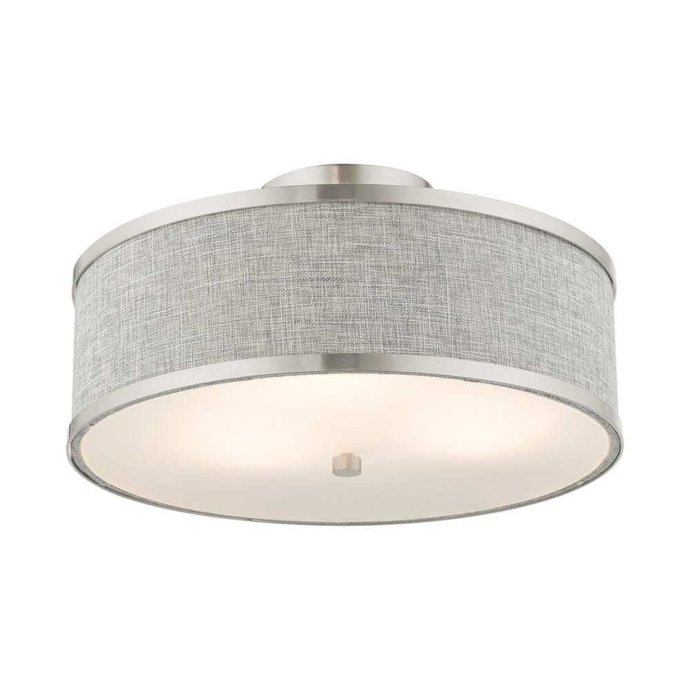 Brushed Nickel 3-Light Semi-Flush Drum Ceiling Fixture with Handcrafted Gray Fabric Shade