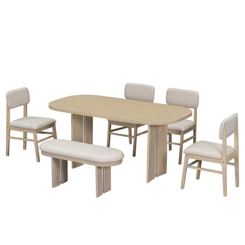 6-Piece Rectangular Natural Wood Top Dining Table Set Seats 5 with 4 Upholstered Dining Chairs and Dining Bench
