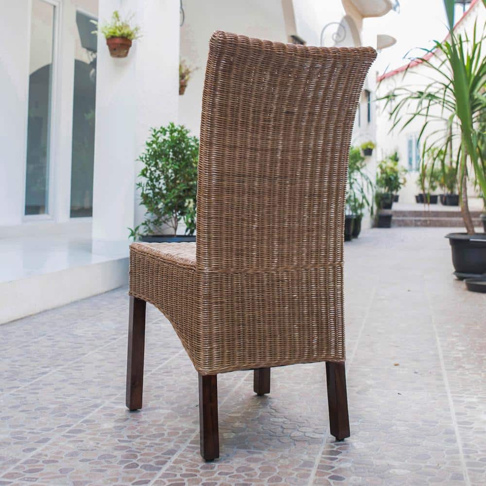 Walnut Finish High Back Rattan Side Chair