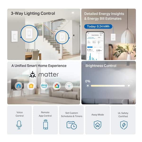Smart Wi-Fi Light Switch, Dimmer, 3-Way KIT, White S515D Kit - The