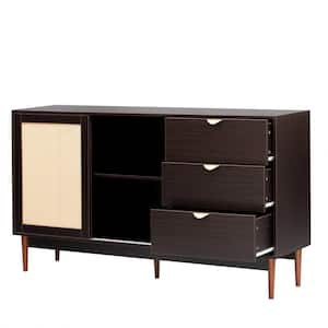 63 in. W x 15.7 in. D x 35.4 in. H Brown Linen Cabinet with Rattan Sliding Doors and 3 Drawers