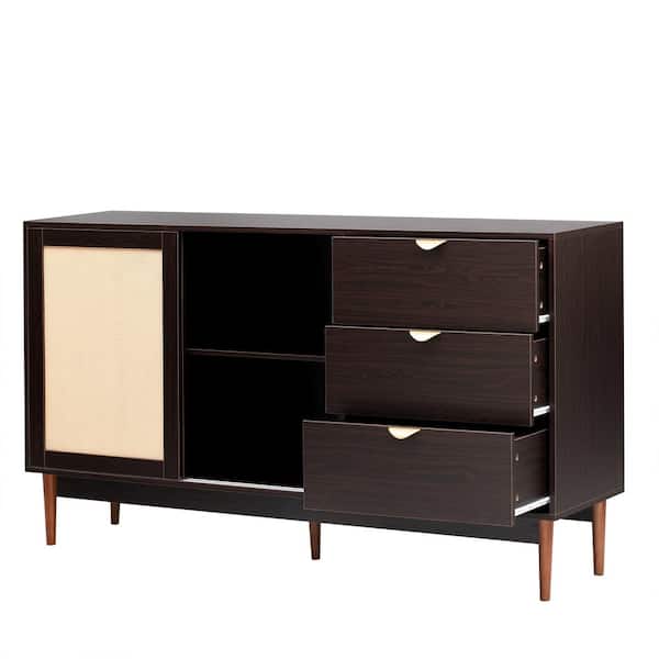 Unbranded 63 in. W x 15.7 in. D x 35.4 in. H Brown Linen Cabinet with Rattan Sliding Doors and 3 Drawers