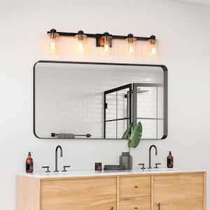 40.5 in. 5-Light Matte Black and Gold Bathroom Vanity Light with Clear Glass Shades