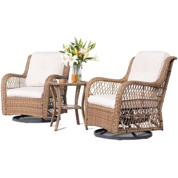 Zeus & Ruta 3-Piece Yellow Wicker Patio Outdoor Bistro Sets with Beige Cushions and Matching Side Table