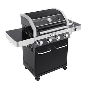 4-Burner Propane Gas Grill in Black with ClearView Lid, LED Controls, Side Burner and USB Light