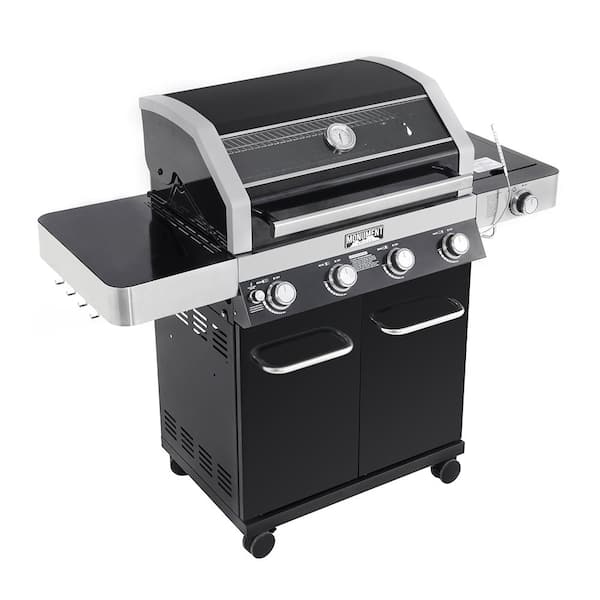 Monument Grills 4-Burner Propane Gas Grill in Black with ClearView Lid, LED Controls, Side Burner and USB Light