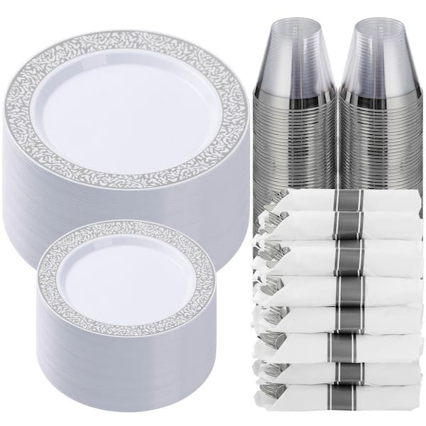 350-Piece Silver Lace Disposable Plastic Dinnerware Set for 50 Guests with Plates, Napkins, and Cups