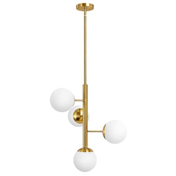 4-Light Modern Gold Sputnik Linear Chandelier With Glass Globe Shades Mid Century Kitchen Pendant Light for Dining Room
