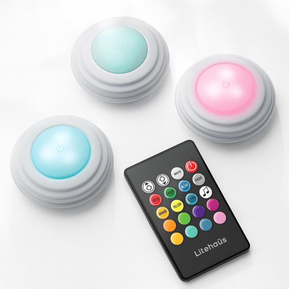 Battery Operated LED RGB Puck Lights 3-Pack LH-ML003-999 - The