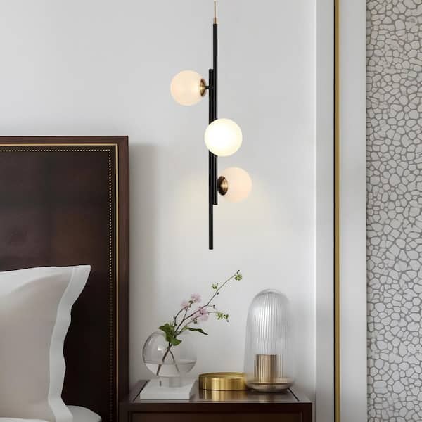 Contemporary 3-Lights 17-Watt Black Integrated LED Chandelier, Brass Hanging Pendant Light with Globe Frosted Glass