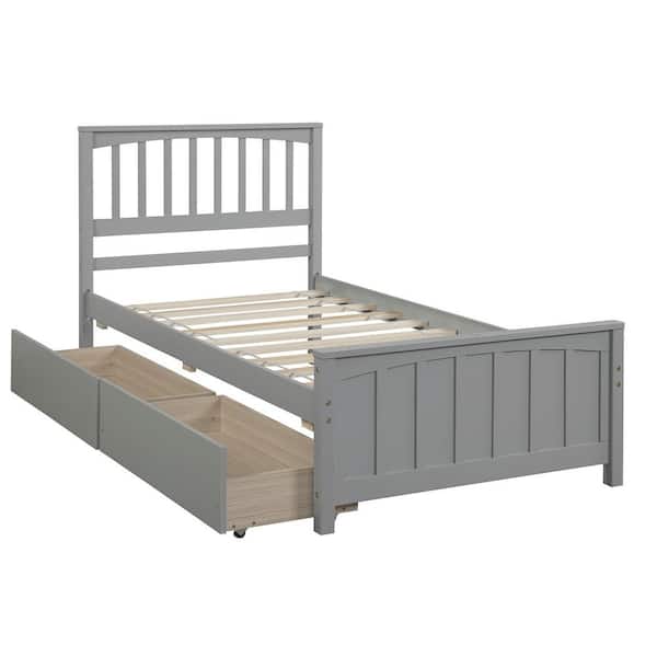 Gray Wood Frame Twin Size Platform Bed with 2 Storage Drawers
