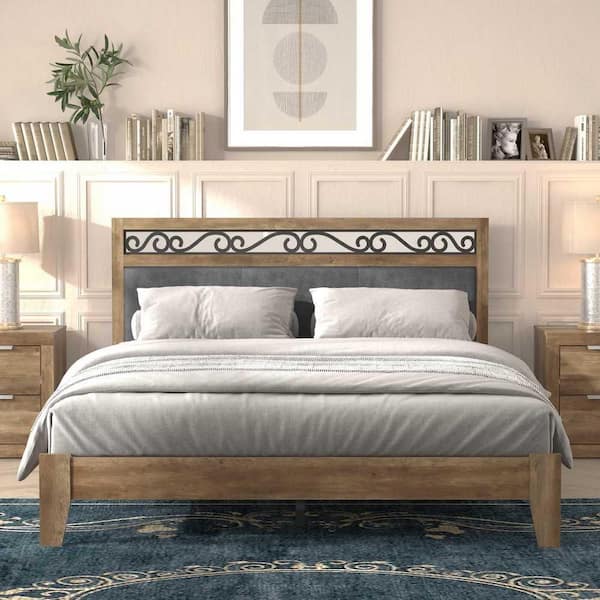 GALANO Tammin Knotty Oak Upholstered Queen Platform Bed with Headboard