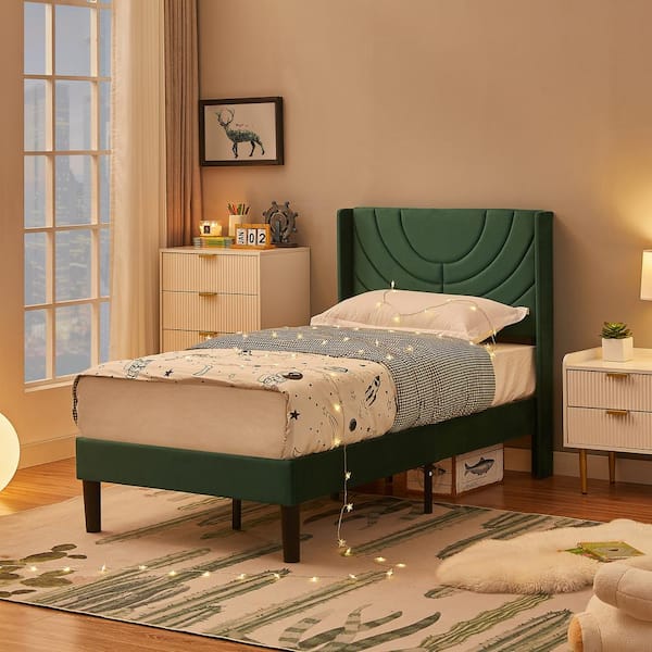 VECELO Upholstered Bed Green Metal Frame Twin Platform Bed with Headboard Wood Slat Support KHD CY TB07 DGRN