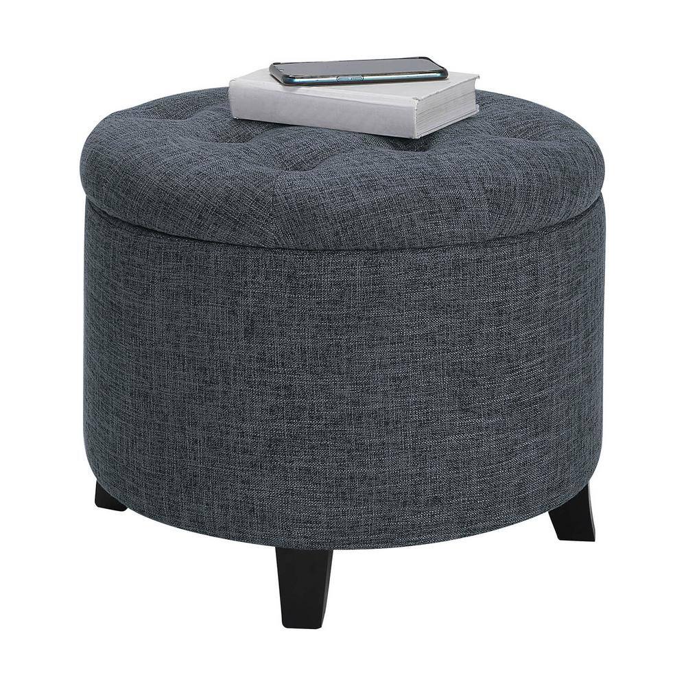 Stormy Gray Tufted Round Storage Ottoman with Dense Foam Cushion